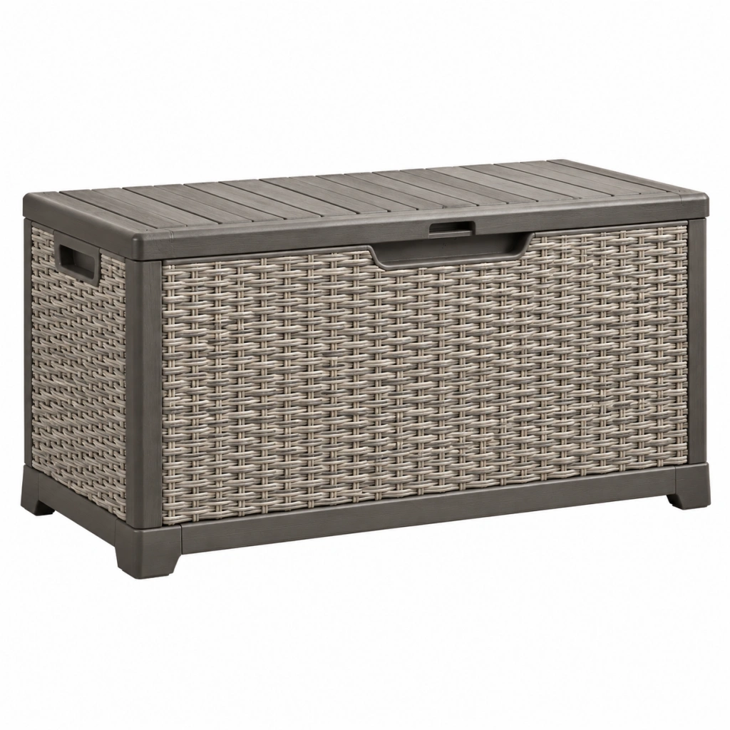 Aufbewahrungsbox 120 x 55 x 60 cm Kunststoff Geflechtoptik Grau für Außenbereich mit Klappdeckel